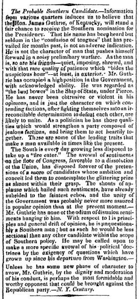 “The Probable Southern Candidate,” Charleston (SC) Courier, January 26, 1860