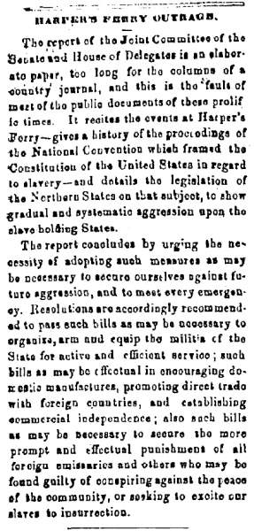 “Harper’s Ferry Outrage,” Charlestown (VA) Free Press, February 9, 1860