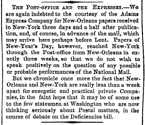 “The Post-Office and the Express,” New York Times, February 13, 1860