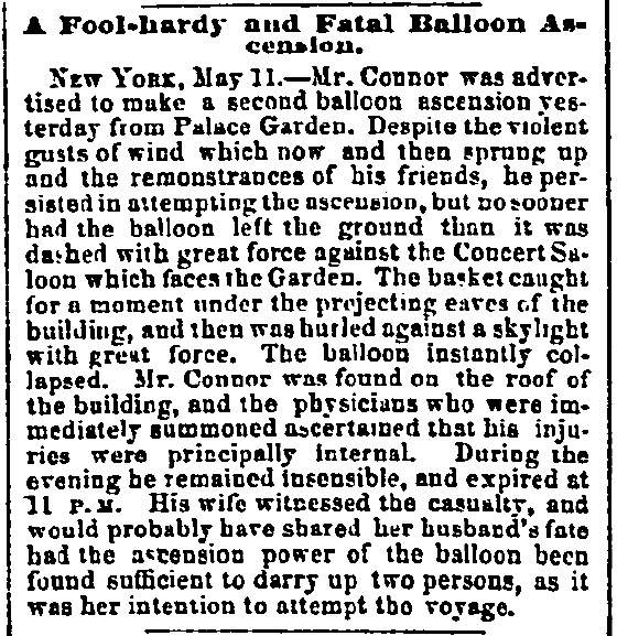 “A Fool-hardy and Fatal Balloon Ascension,” Chicago (IL) Press and Tribune, May 12, 1860