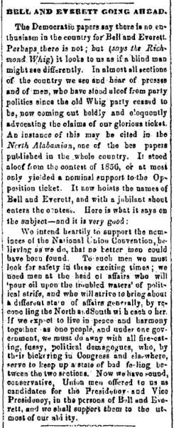 “Bell and Everett Going Ahead,” Charlestown (VA) Free Press, May 31, 1860
