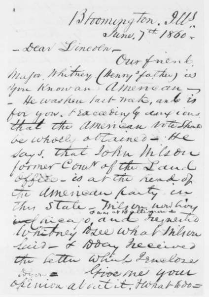 David Davis to Abraham Lincoln, June 7, 1860 (Page 1)