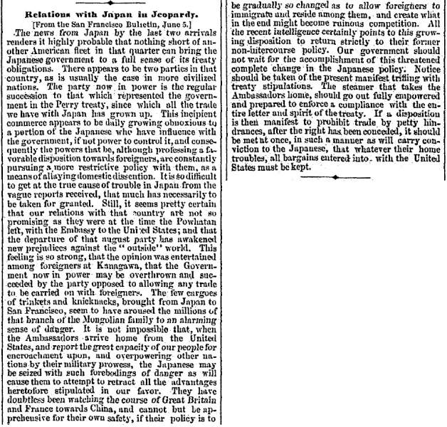 “Relations with Japan in Jeopardy,” Boston (MA) Advertiser, June 30, 1860
