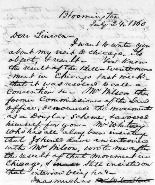 David Davis to Abraham Lincoln, July 24, 1860 (Page 1)