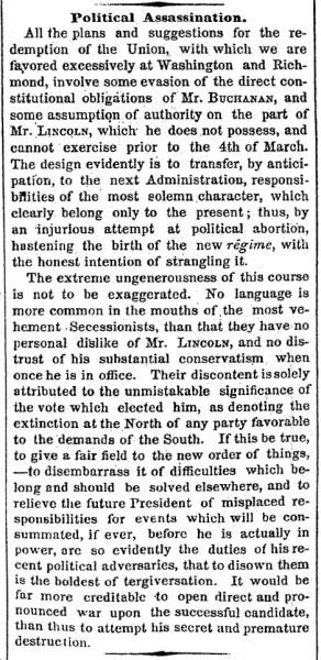 “Political Assassination,” New York Times, November 29, 1860