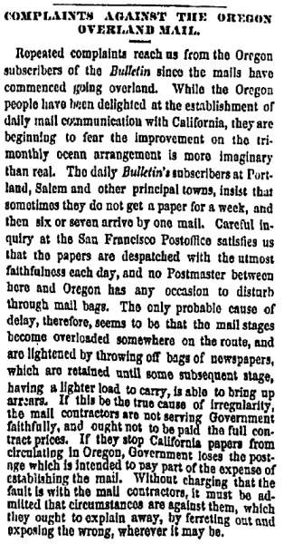 "Complaints Against the Oregon Overland Mail," San Francisco (CA) Evening Bulletin, November 30, 1860