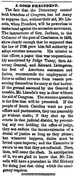 “A Good Precedent,” Chicago (IL) Tribune, December 3, 1860
