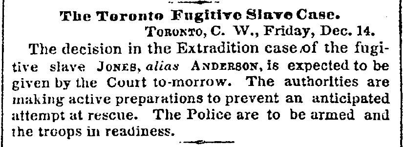 “The Toronto Fugitive Slave Case,” New York Times, December 15, 1860