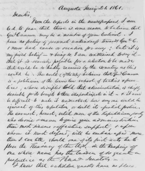 Israel Washburn Jr. to Abraham Lincoln, January 21, 1861 (Page 1)