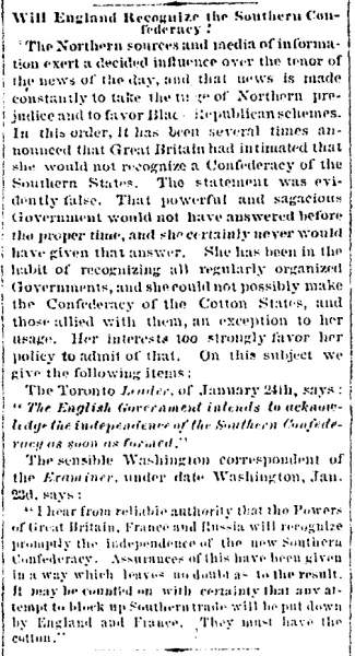 “Will England Recognize the Southern Confederacy?,” Richmond (VA) Dispatch, January 26, 1861