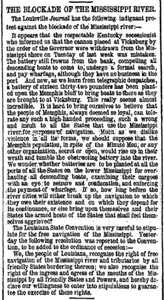 “The Blockade of the Mississippi River,” New York Herald, January 27, 1861