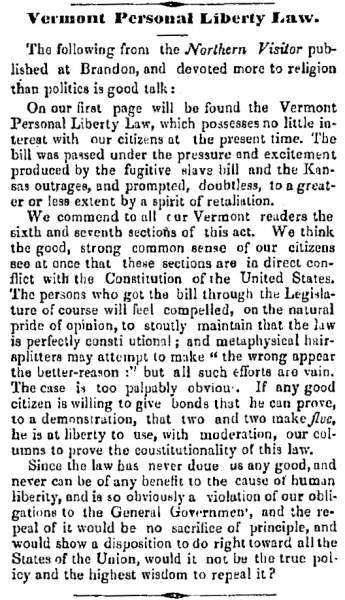 “Vermont Personal Liberty Law,” (Montpelier) Vermont Patriot, February 9, 1861