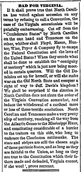 “Bad For Virginia,” Chicago (IL) Tribune, February 20, 1861