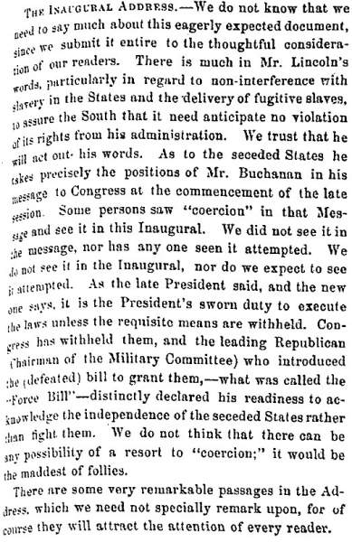"The Inaugural Address," Fayetteville (NC) Observer, March 7, 1861