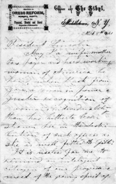 Lydia Sayer Hasbrouck to Abraham Lincoln, March 8, 1861 (Page 1)