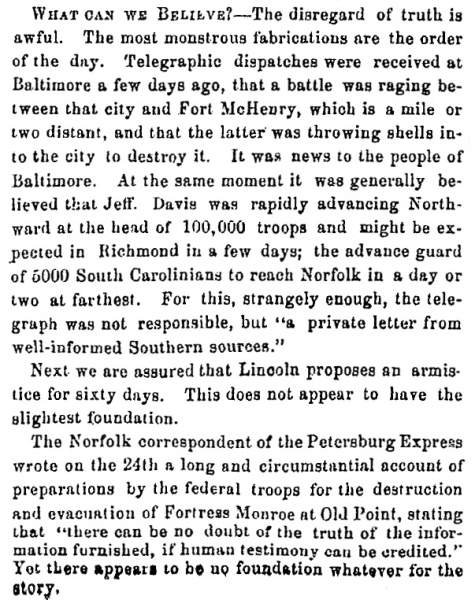 “What Can We Believe?,” Fayetteville (NC) Observer, April 29, 1861