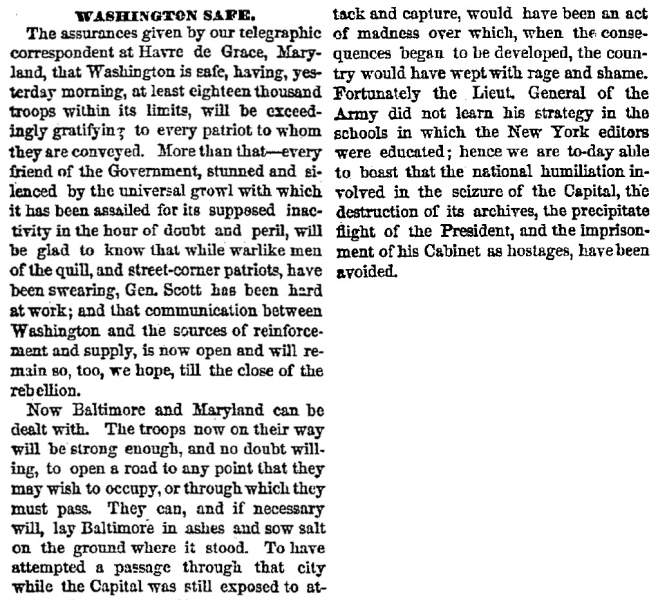 “Washington Safe,” Chicago (IL) Tribune, April 29, 1861