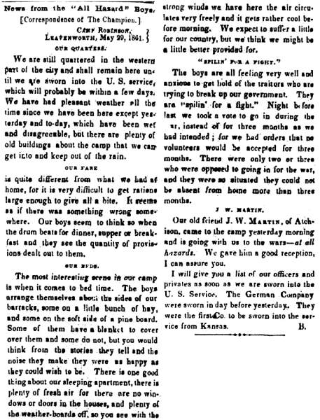 “News from the ‘All Hazard’ Boys,” Atchison (KS) Freedom’s Champion, June 1, 1861