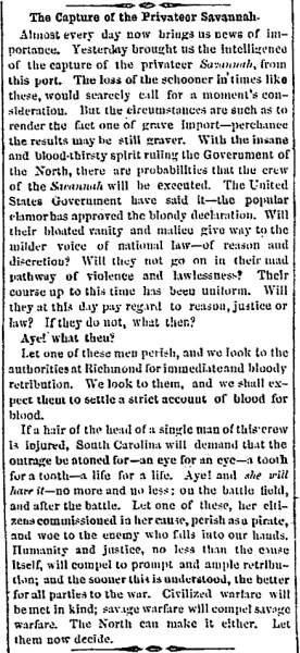“The Capture of the Privateer Savannah,” Charleston (SC) Mercury, June 11, 1861