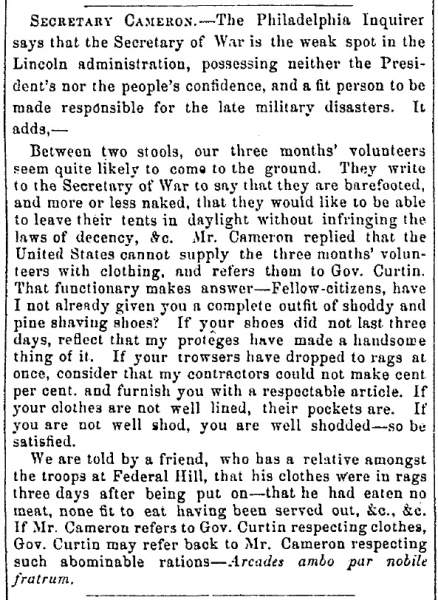 “Secretary Cameron,” Fayetteville (NC) Observer, July 8, 1861