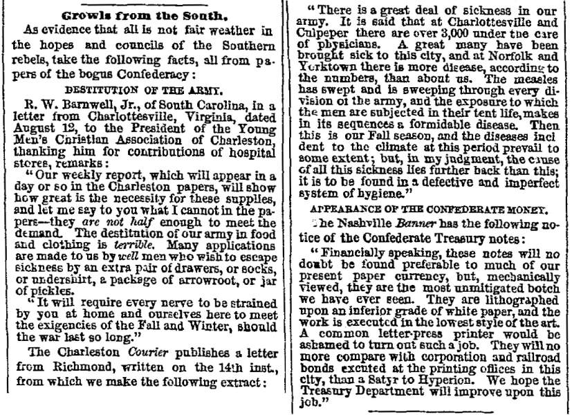 “Growls from the South,” Chicago (IL) Tribune, August 30, 1861