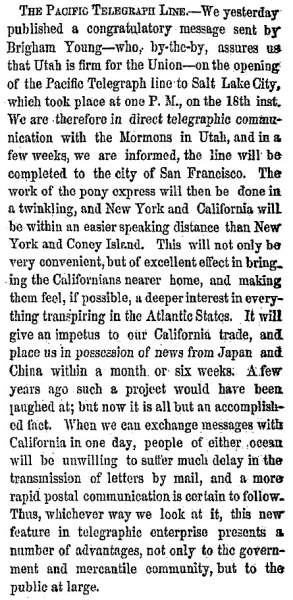 “The Pacific Telegraph Line,” New York Herald, October 21, 1861