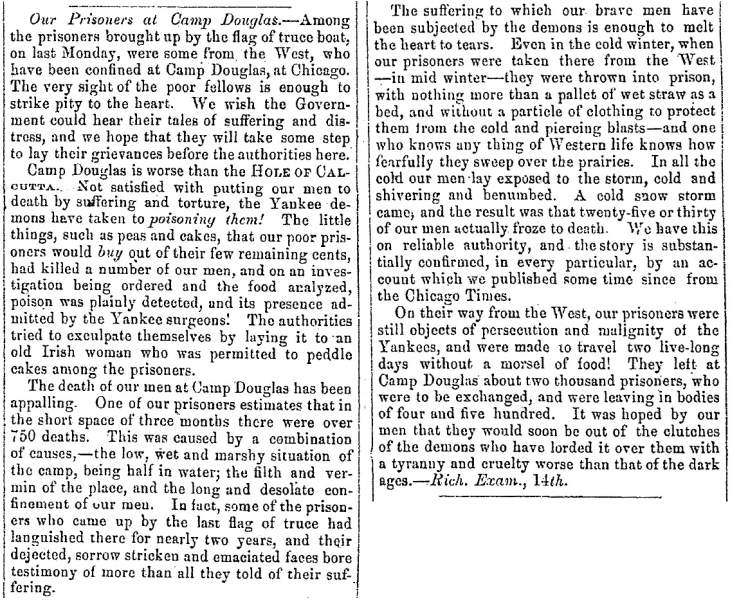 “Our Prisoners at Camp Douglas,” Fayetteville (NC) Observer, April 20, 1863