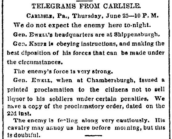 “Telegrams From Carlisle,” New York Times,  June 26, 1863