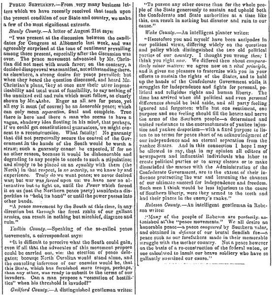 “Public Sentiment,” Fayetteville (NC) Observer, August 31, 1863