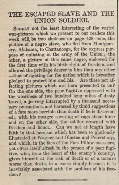 “The Escaped Slave and the Union Soldier,” Harper’s Weekly, July 2, 1864