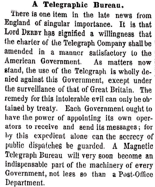 “A Telegraphic Bureau,” New York Times, September 1, 1858