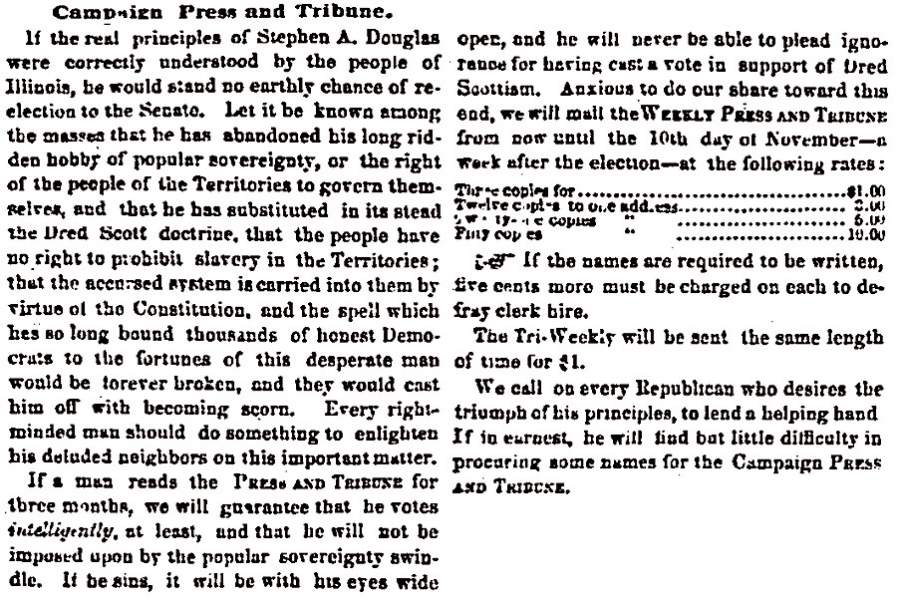 “Campaign Press and Tribune,” Chicago (IL) Press and Tribune, August 10, 1858