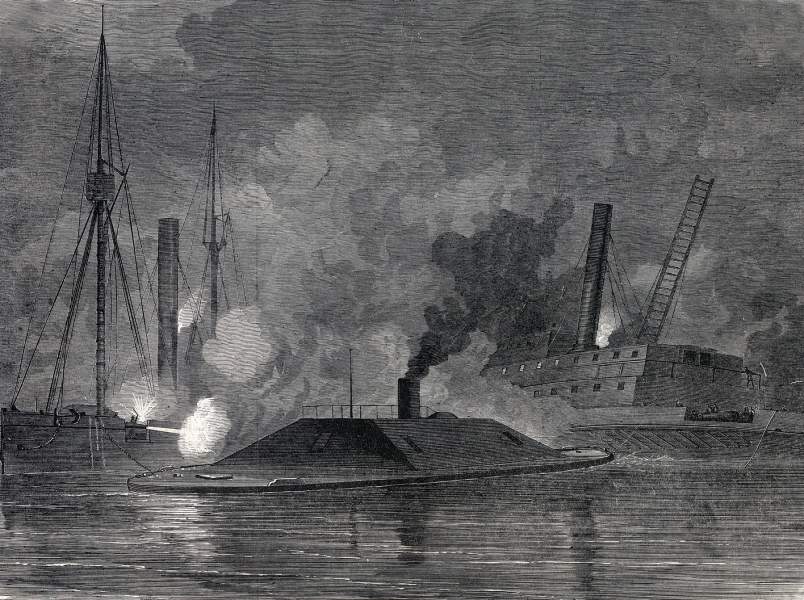 The C.S.S. Albemarle in action against the U.S.S. Southfield, April 19, 1864, artist's impression, zoomable image