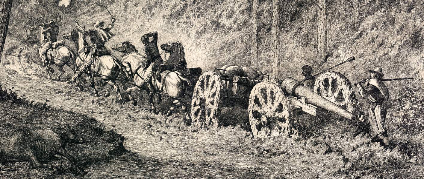 "Through the Wilderness," Edwin Forbes, copper plate etching, 1876, detail, zoomable image