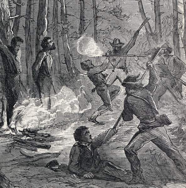 "Rebel Atrocities," Anti-Confederate propaganda, Harper's Weekly, May 1864, artist's impression, detail