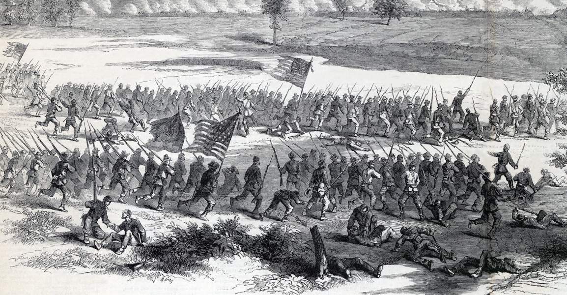 Charge of Union's Fifth Corps, Battle of Poplar Spring Church, September 30, 1864, artist's impression, zoomable image, detail
