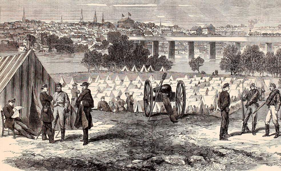 Confederate Prison Camp at Belle Isle, outside Richmond, Virginia, Spring, 1864, artist's impression, detail