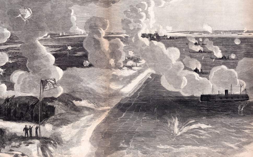 Union shelling of Forts Wagner and Sumter in Charleston Harbor, August 17, 1865, artist's impression, zoomable image, detail