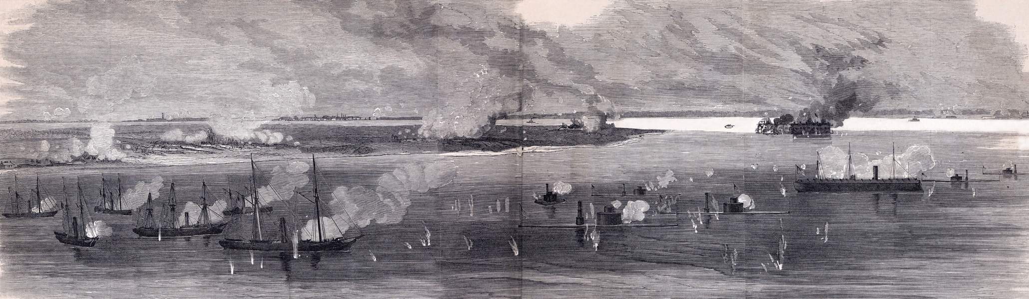 Union naval bombardment of the Confederate forts in Charleston Harbor, August 17, 1863, artist's impression, zoomable image