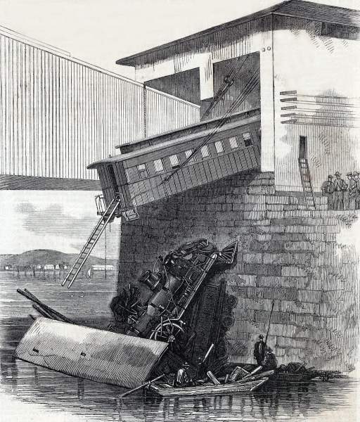 Railway Accident, Rensselaer and Saratoga Railroad drawbridge, Troy, New York, September 23, 1865, artist's impression