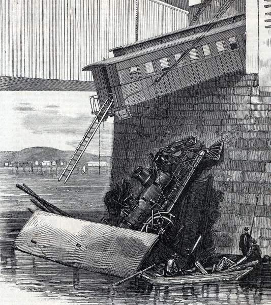 Railway Accident, Rensselaer & Saratoga Railroad drawbridge, Troy, New York, September 23, 1865, artist's impression, detail