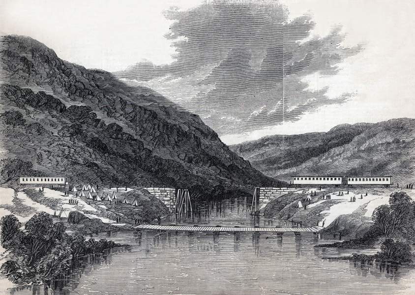 Destroyed railroad bridge over Running Water Creek, Tennessee, September 1863, artist's impression, zoomable image