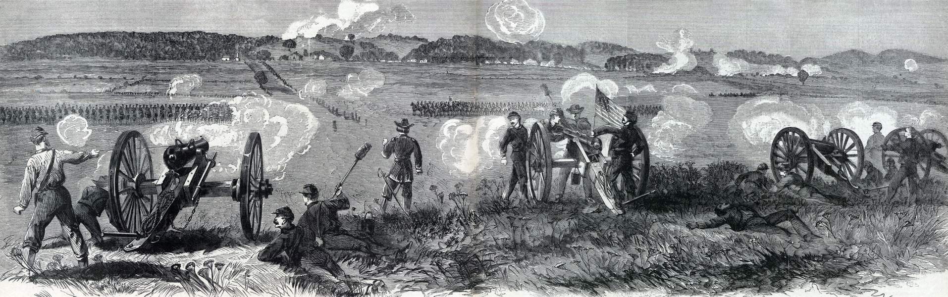 Union forces probing Confederate defenses near Raccoon Ford, Virginia, September 14, 1863, artist's impression, zoomable image