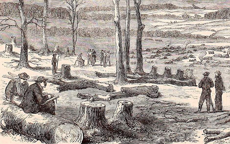 Confederate winter quarters on the Rapidan River, Virginia, January 1864, British artist's impression, detail