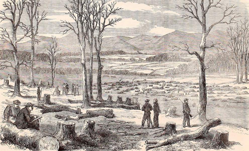 Confederate winter quarters on the Rapidan River, Virginia, January 1864, British artist's impression, zoomable image