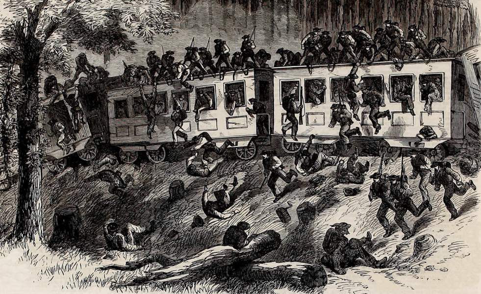Confederate Troop Train Derailment, Mississippi, Summer 1863, British artist's impression, zoomable image