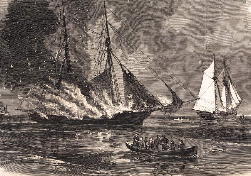 Confederate naval raiders destroying the Coast Guard cutter Caleb Cushing, artist's impression, zoomable image