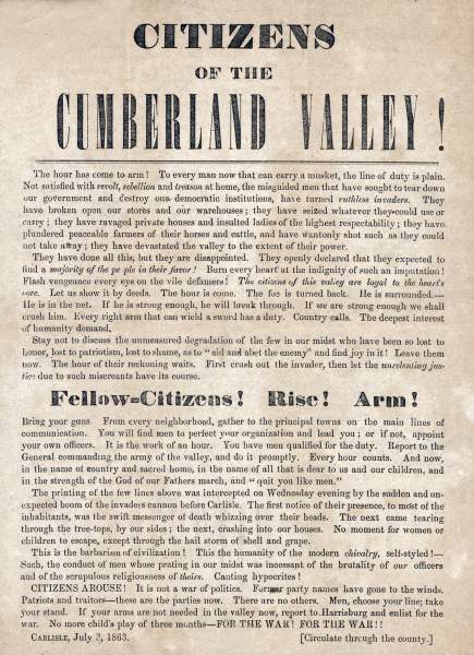 "Citizens of Cumberland County!" Call to Arms, July 1863, broadside