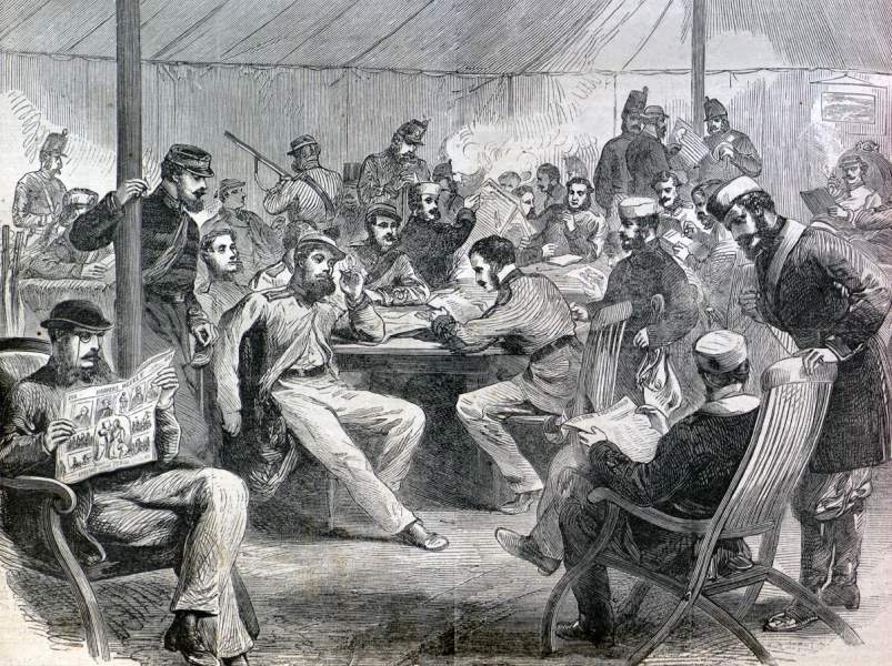 Canadian Volunteer Militia relaxing after drill, March 1866, artist's impression