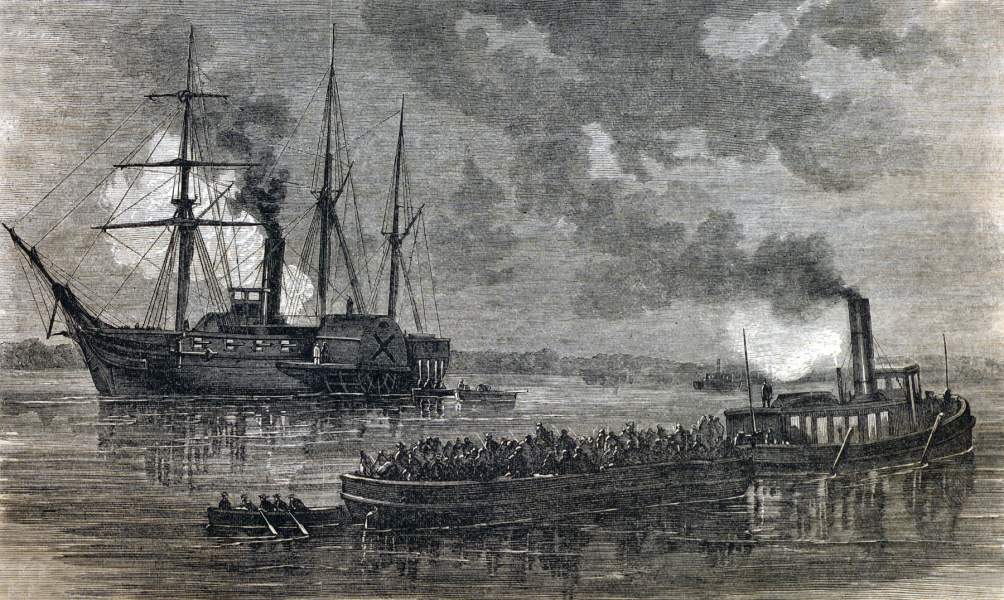 U.S.S. Michigan arrests retreating Fenians, Niagara River, New York, June 3, 1866, artist's impression, zoomable image